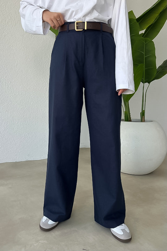 ALYA WIDE-LEG HIGH-WAIST TROUSERS | DARK BLUE