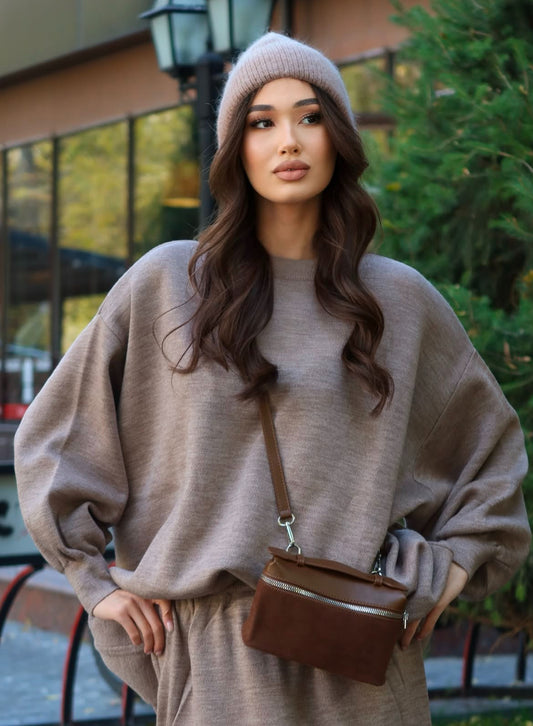 Hazal knitted modest two piece set women | Hijab winter skirt co ord | Hojicha