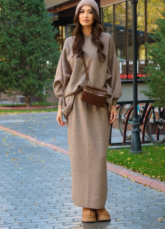 Hazal knitted modest two piece set women | Hijab winter skirt co ord | Hojicha