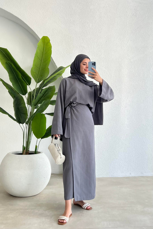 NALA  MAXI CROSS WRAP SKIRT SET | HIJAB SUMMER SKIRT COORD WOMEN| GREY