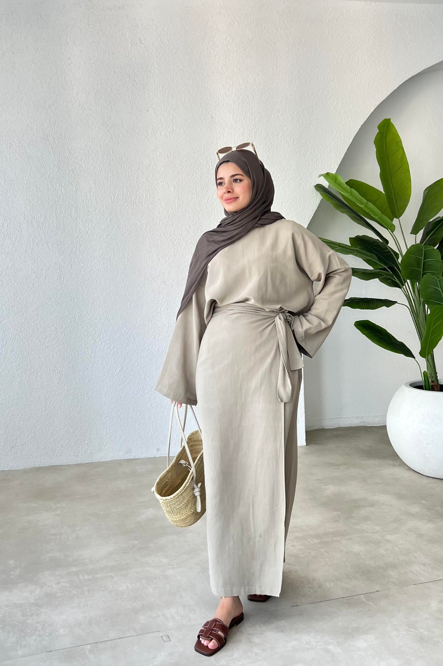 NALA  MAXI CROSS WRAP SKIRT SET | HIJAB SUMMER SKIRT COORD WOMEN | AESTHETIC TAUPE