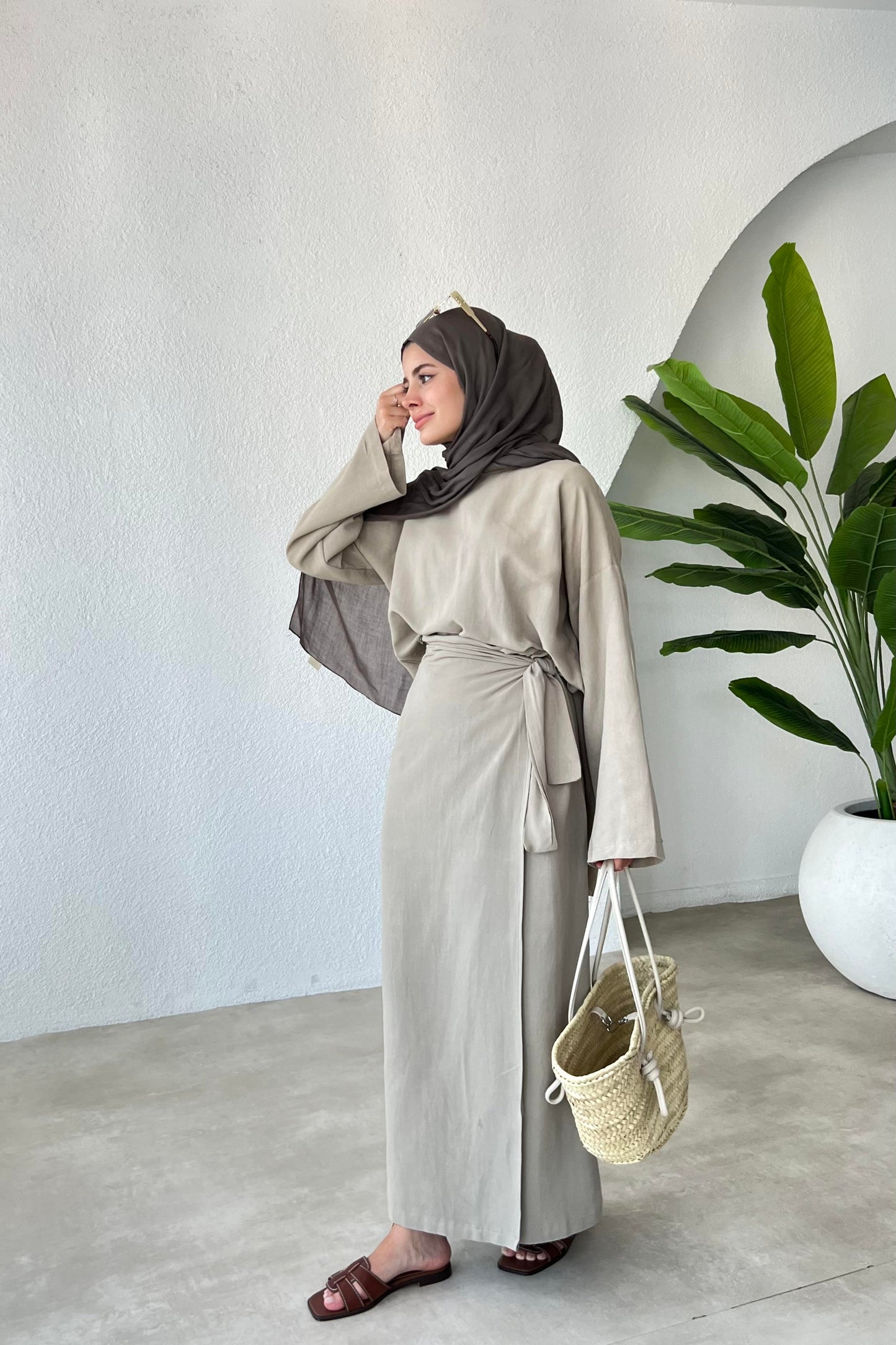 NALA  MAXI CROSS WRAP SKIRT SET | HIJAB SUMMER SKIRT COORD WOMEN | AESTHETIC TAUPE