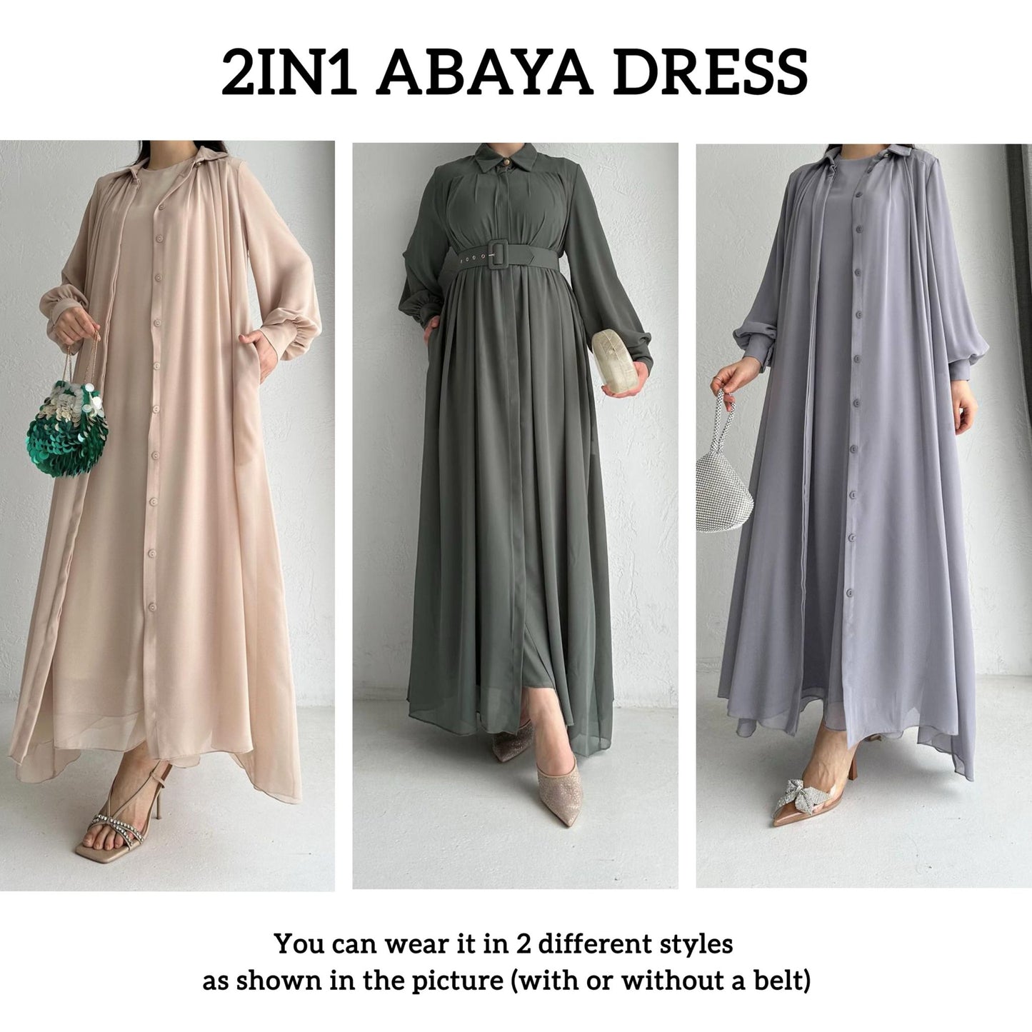 LINA CHIFFON ABAYA DRESS SET 2IN1| DEEP SAGE