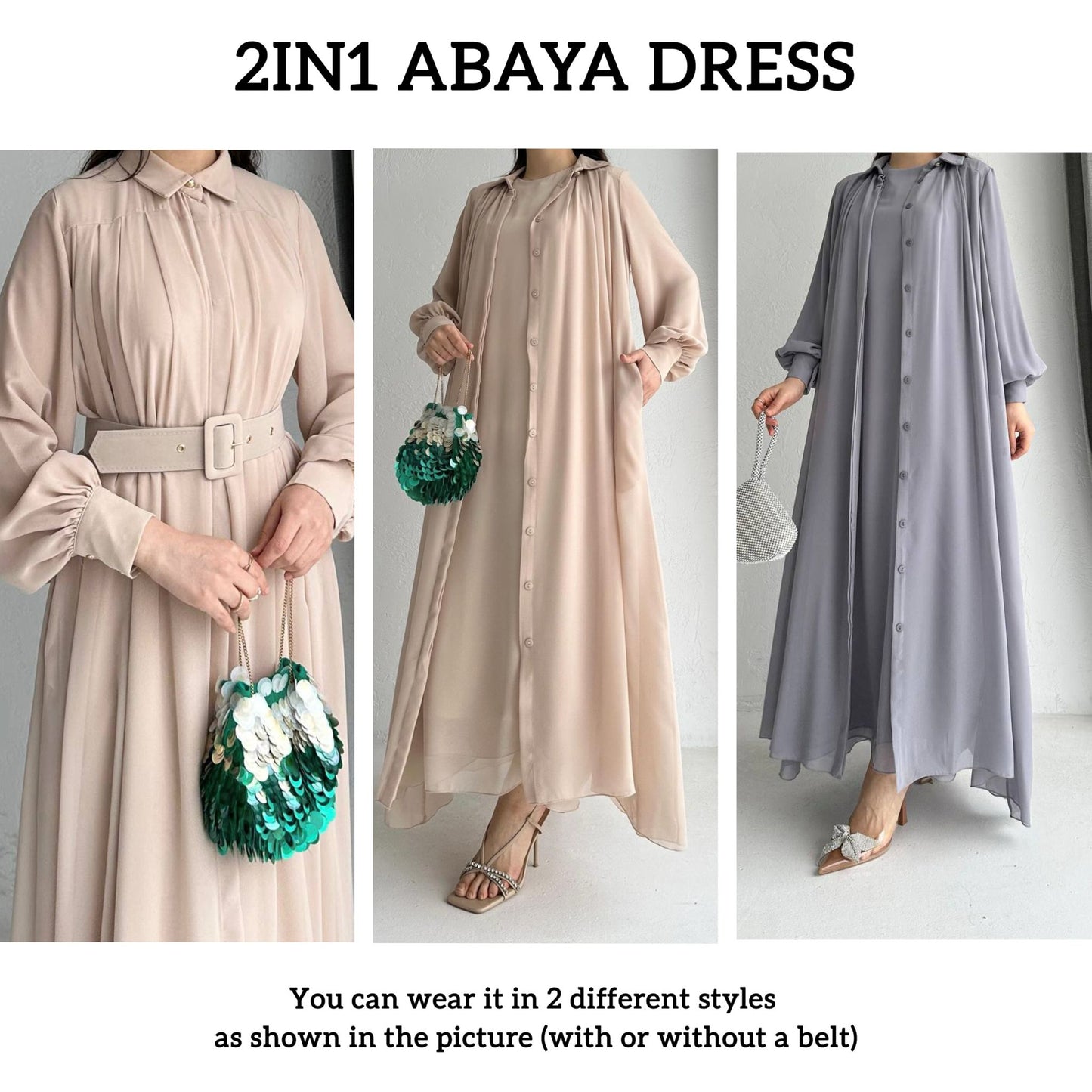 LINA CHIFFON ABAYA DRESS SET 2IN1| OLD LACE