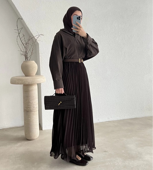Pleated Maxi Skirt in Wavy Chiffon | Chocolate Brown