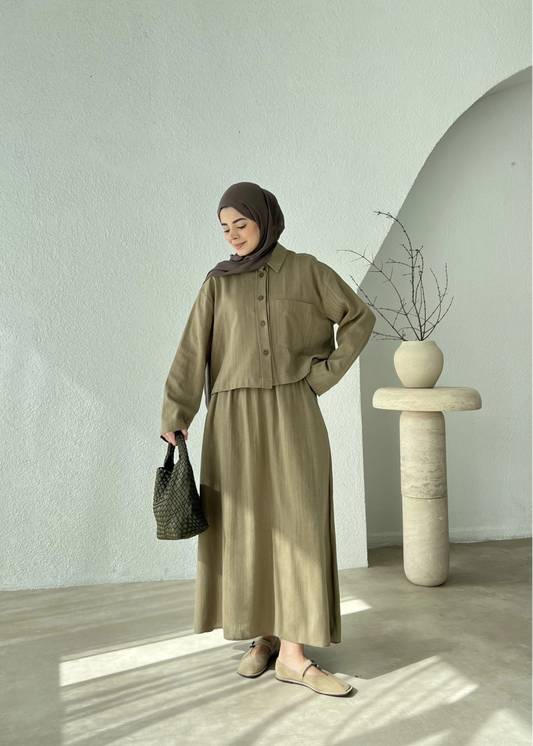 Terra Cotton Skirt Set – Modest Two-Piece Co-Ord | Olive Green