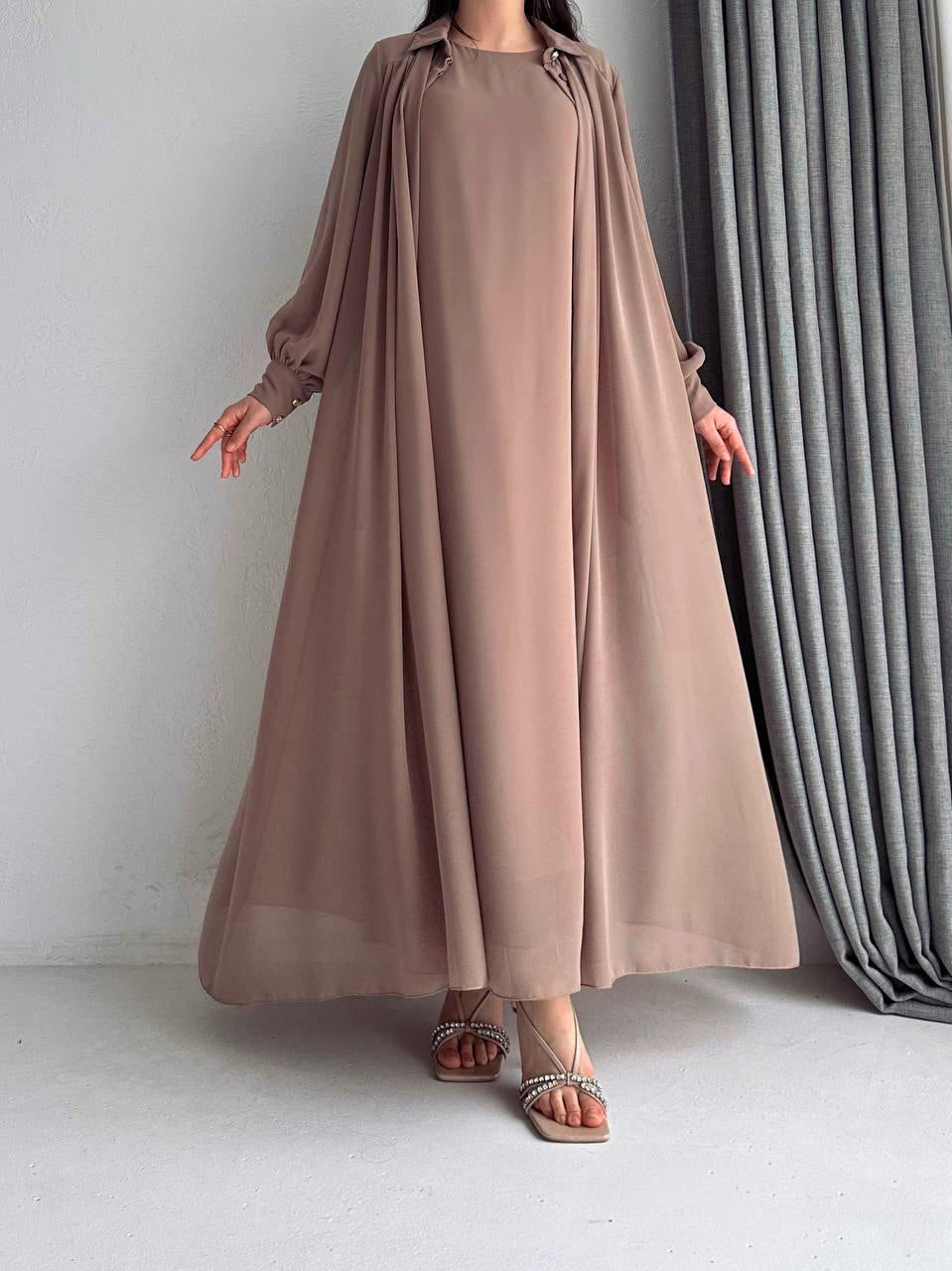 LINA CHIFFON ABAYA DRESS SET 2IN1 | DEEP MOCHA