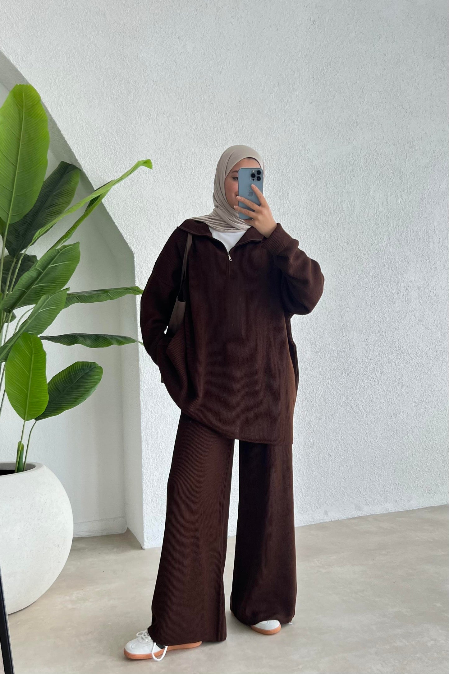 Tamara Knitted trousers set | Hijab two piece coord | Brown