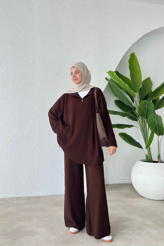 Tamara Knitted trousers set | Hijab two piece coord | Brown