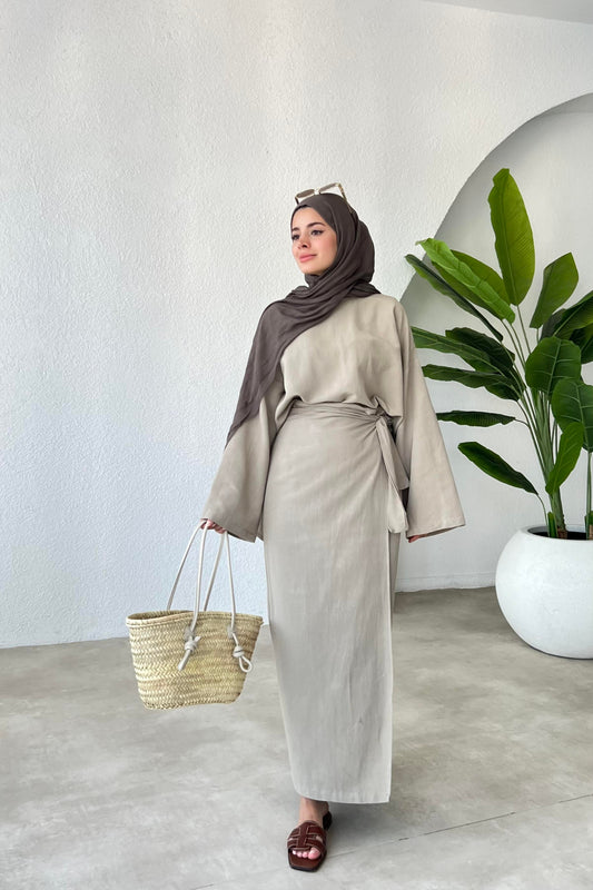 NALA  MAXI CROSS WRAP SKIRT SET | HIJAB SUMMER SKIRT COORD WOMEN | AESTHETIC TAUPE