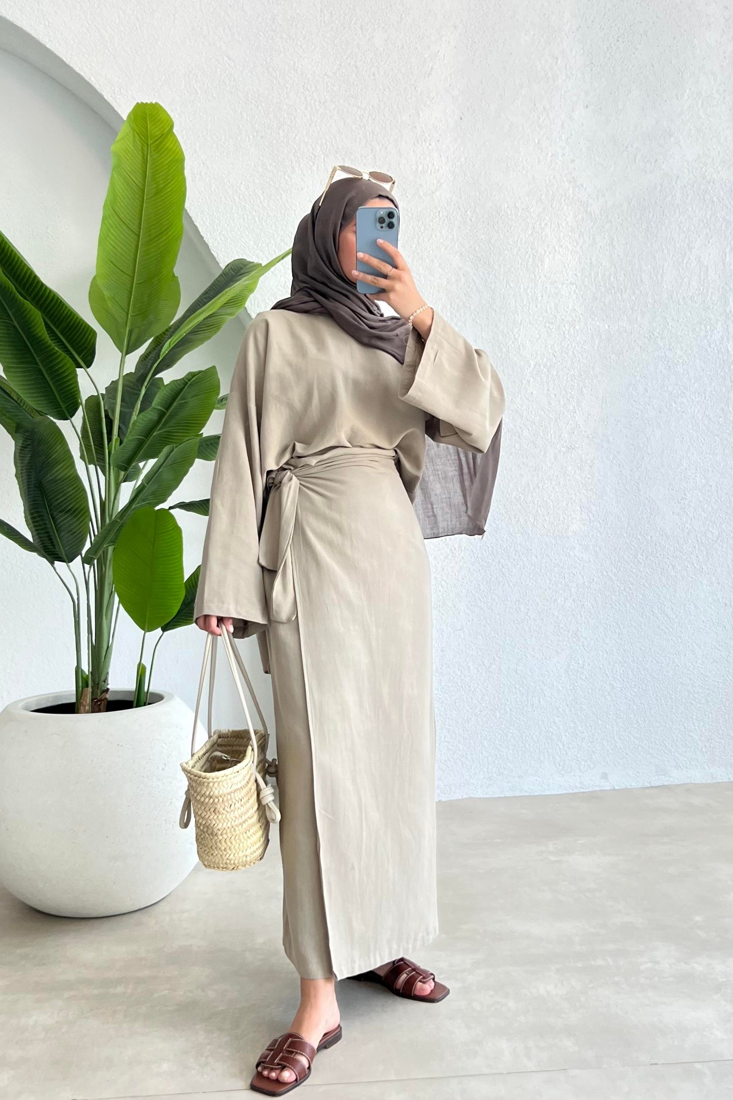 NALA  MAXI CROSS WRAP SKIRT SET | HIJAB SUMMER SKIRT COORD WOMEN | AESTHETIC TAUPE