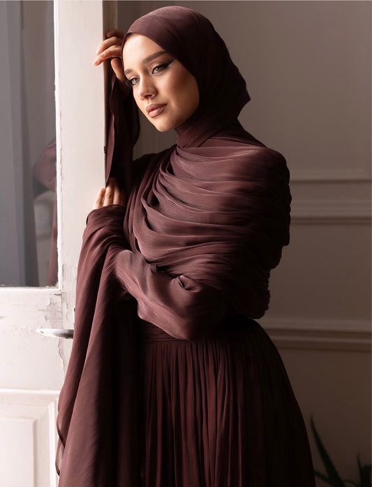 Serene Pleated Modest Occasion-wear Dress | ChestnutBrown